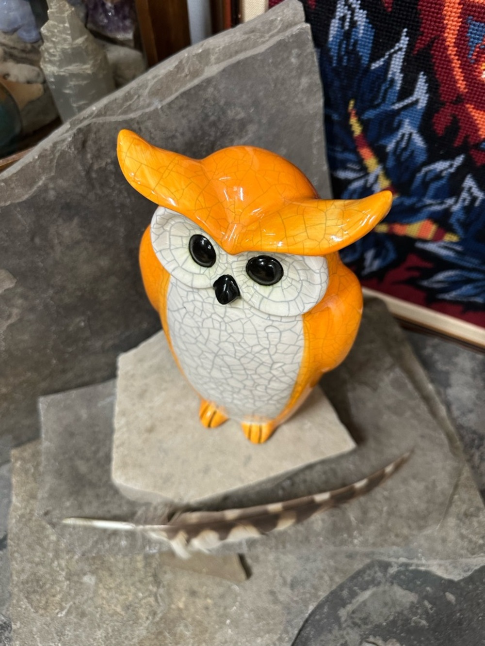 Orange Ceramic 🦉 Owl Figurine with Crackle Glaze